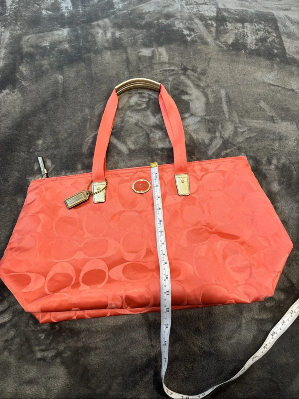 Coach Coral Signature C’s  Jacquard Tote with Gold Hang Tag & Accents - Picture 10 of 11